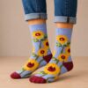 sokken-zonnebloem Sokken - Zonnebloemen Print - Blauw Geel Groen Rood - Katoen - Maat 38-45