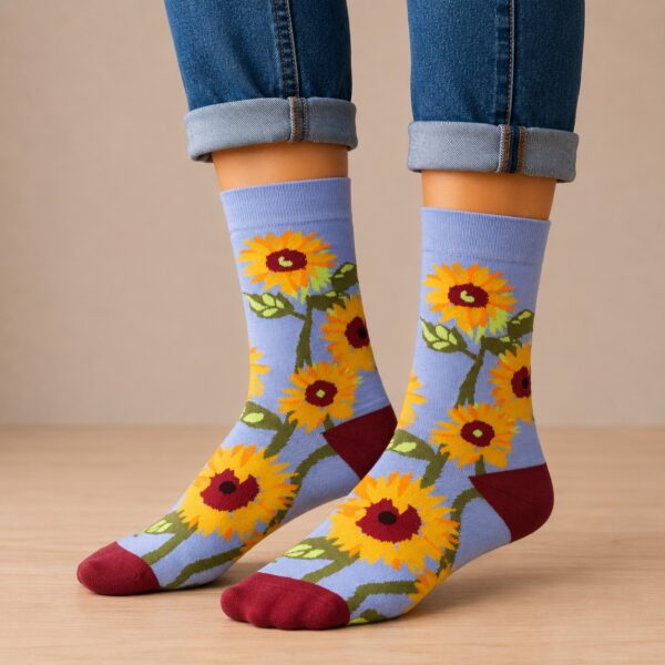 sokken-zonnebloem Sokken - Zonnebloemen Print - Blauw Geel Groen Rood - Katoen - Maat 38-45
