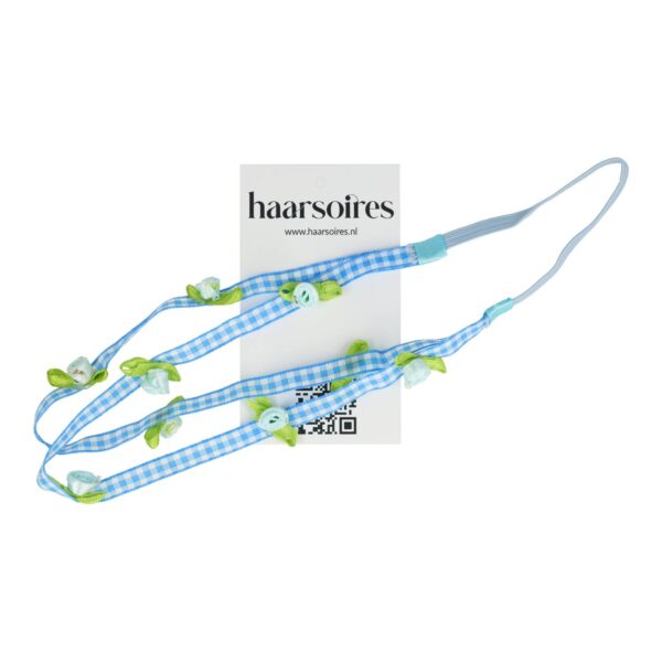 Haarband Kind - Roos Bloemen - Smal Dubbele Band - Ruitprint Stof - Blauw