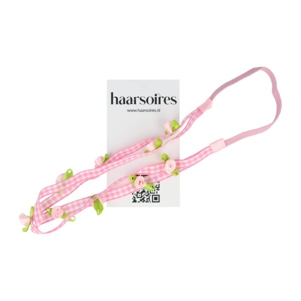 Haarband Kind - Roos Bloemen - Smal Dubbele Band - Ruitprint Stof - Roze