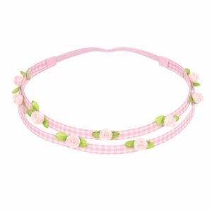 Haarband Kind - Roos Bloemen - Smal Dubbele Band - Ruitprint Stof - Roze