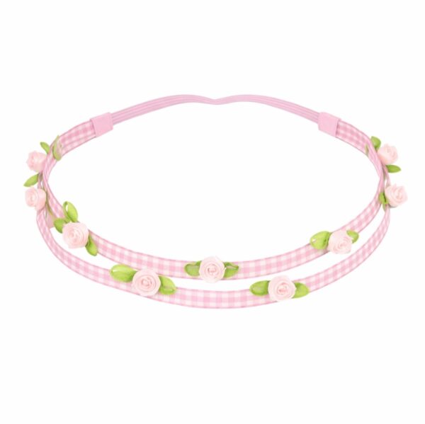 Haarband Kind - Roos Bloemen - Smal Dubbele Band - Ruitprint Stof - Roze
