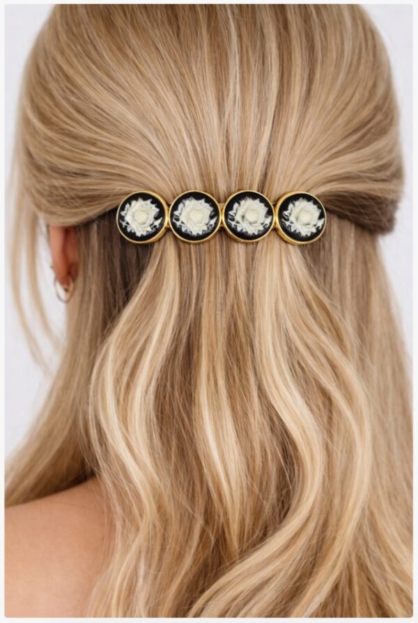 haarspeld cirkel roos zwart Haarspeld Patentspeld Cirkel 8cm - Roos Bloem Patroon - Goud Zwart Wit