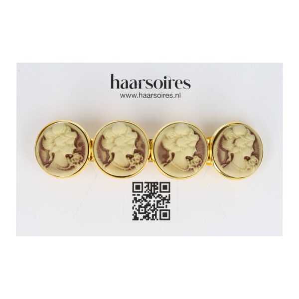 patentspeld cirkels_21 Haarspeld Patentspeld Cirkel 8cm - Vintage Vrouwenhoofd Patroon - Goud Creme Bruin