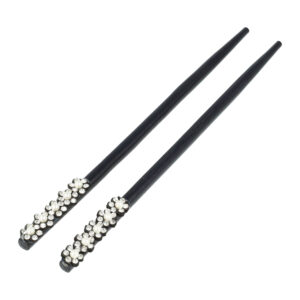 79112_2 Haarspeld Haarpinnen 18cm - Haarstokjes Bloem Parel Strass - Hout - Zwart Zilver - Set van 2
