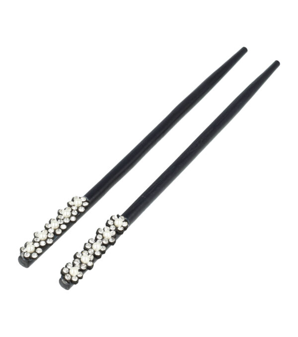 Haarspeld Haarpinnen 18cm - Haarstokjes Bloem Parel Strass - Hout - Zwart Zilver - Set van 2