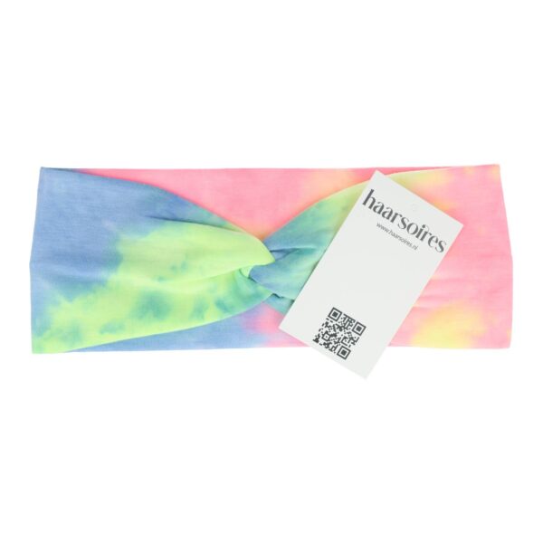 Haarband Stof 8cm – Twist – Tie Dye Patroon – Jersey – Groen Geel Blauw Roze