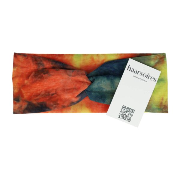 Haarband Stof 8cm – Twist – Tie Dye Patroon – Jersey – Geel Blauw Oranje