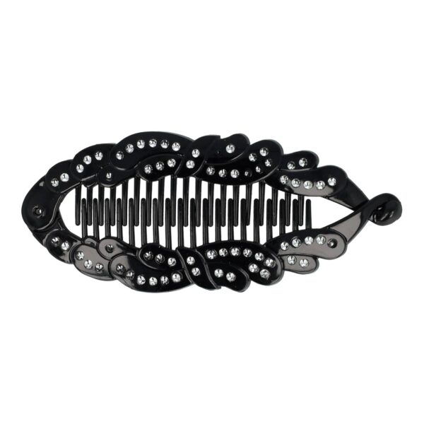 bananenklem zwart steentjes_1 Haarspeld Bananenklem 14cm - Fantasievorm - Staartklem - Glitter Steentjes - Zwart