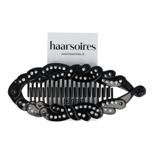 bananenklem zwart steentjes_2 Haarspeld Bananenklem 14cm - Fantasievorm - Staartklem - Glitter Steentjes - Zwart