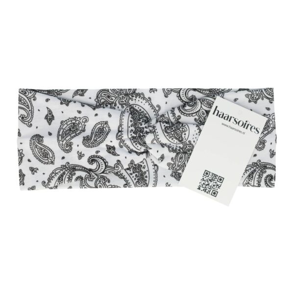 Haarband Twist 9cm – Paisleyprint – Gladde Stof – Wit