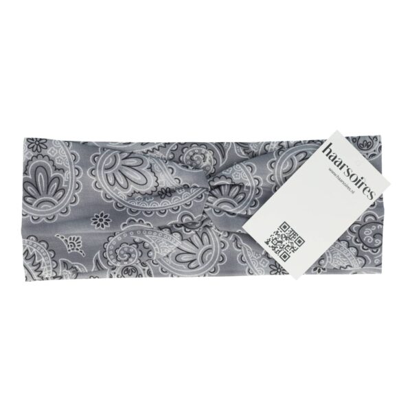 Haarband Twist 9cm – Paisleyprint – Gladde Stof – Grijs