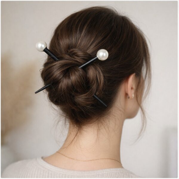 Haarspeld Haarpinnen 18cm - Haarstokjes Parel Kraal - Hout - Zwart Zilver - Set van 2