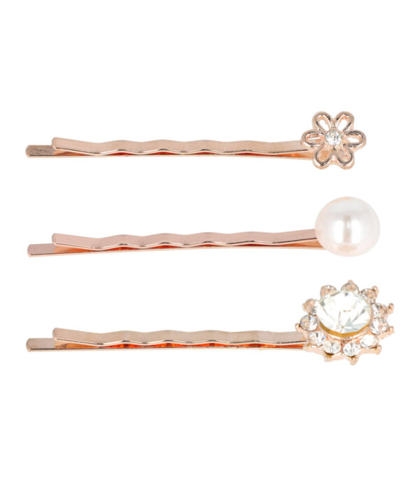 Haarspeld Schuifspeldjes 5cm - Bloem Parel Strass - Koper - Set van 3
