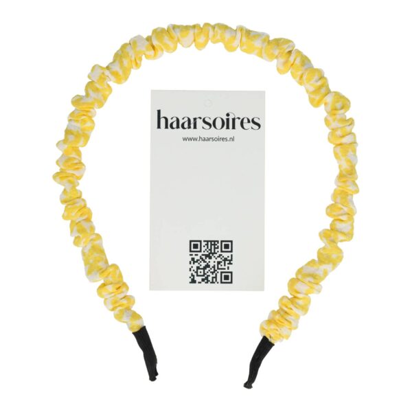 Haarband Diadeem 1cm – Gerimpelde Bloemenprint Stof – Wit Geel