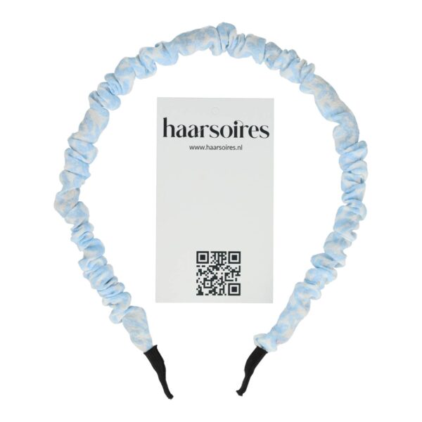 Haarband Diadeem 1cm – Gerimpelde Bloemenprint Stof – Wit Blauw