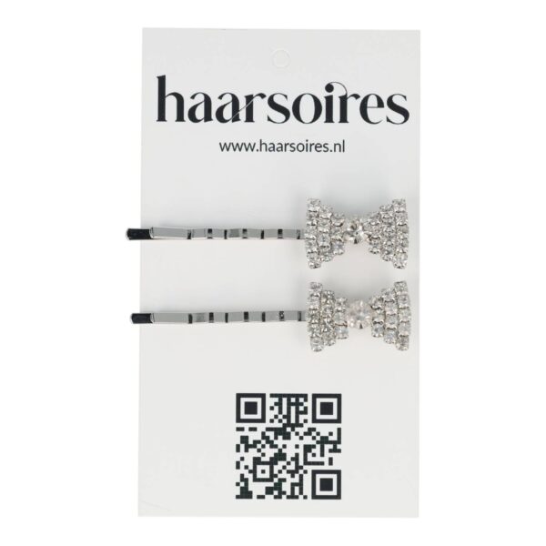 Haarspeld Schuifspeldjes 5cm - Strik - Strass Steentjes - Zilver - Set van 2