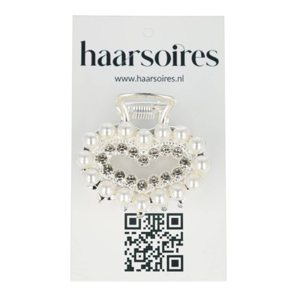 Haarspeld Haarklem 4cm – Hart – Parel & Strass – Metaal – Zilver