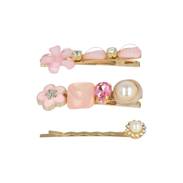 Schuifspeldjes bloem steen strass_2 Haarspeld Duckklemmen & Schuifspeldje 6cm – Bloemen – Stenen Strass – Roze – Set van 3