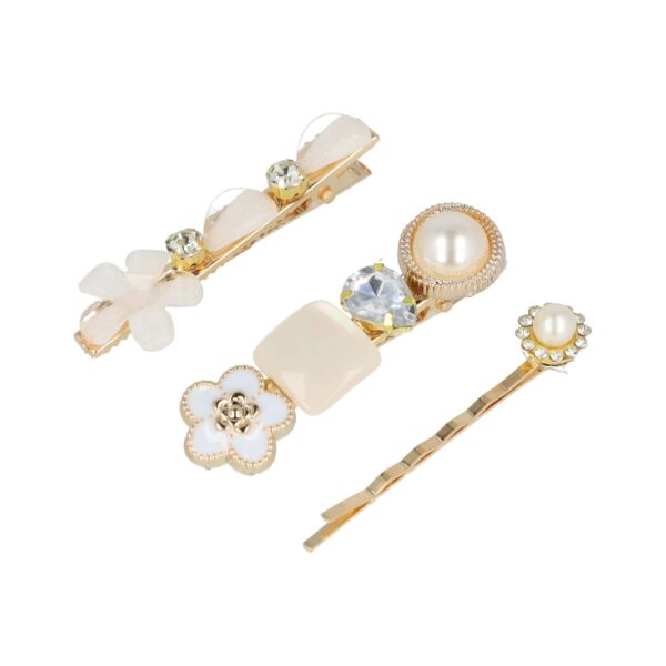 Haarspeld Duckklemmen & Schuifspeldje 6cm – Bloemen – Stenen Strass – Creme – Set van 3
