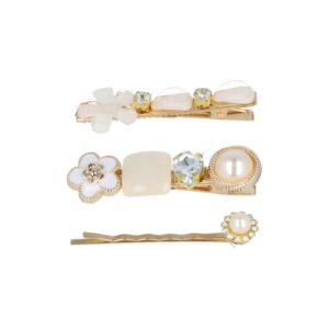 Schuifspeldjes bloem steen strass_4 Haarspeld Duckklemmen & Schuifspeldje 6cm – Bloemen – Stenen Strass – Creme – Set van 3