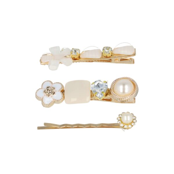 Haarspeld Duckklemmen & Schuifspeldje 6cm – Bloemen – Stenen Strass – Creme – Set van 3