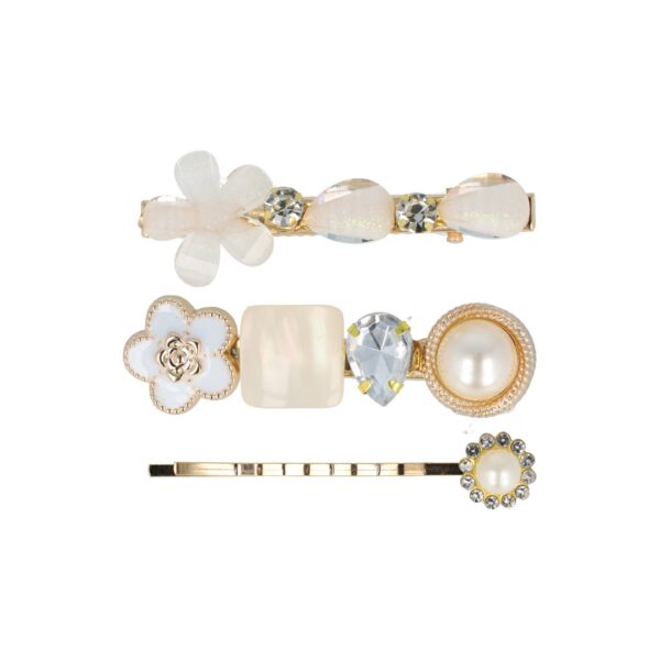 Haarspeld Duckklemmen & Schuifspeldje 6cm – Bloemen – Stenen Strass – Creme – Set van 3