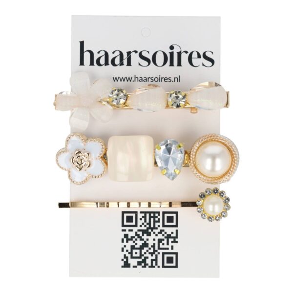 Haarspeld Duckklemmen & Schuifspeldje 6cm – Bloemen – Stenen Strass – Creme – Set van 3