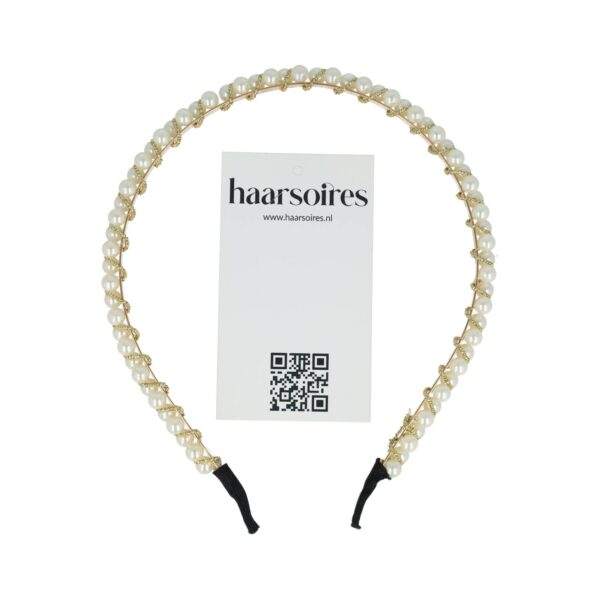 Haarband Diadeem – Dubbele Parel Kralen – Gouddraad – Wit Goud