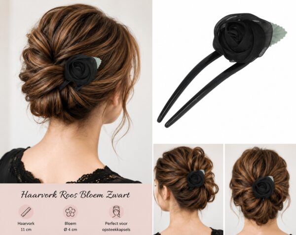 haarvork-roos-zwart Styling Tool Haarvork 11cm – Roos Bloem – Knot Haarpin – Zwart