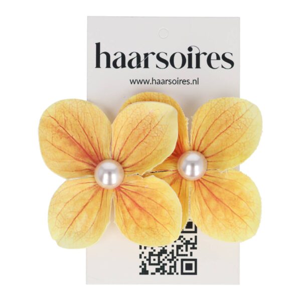 duckklem bloem dubbel_21 Haarspeld Duckklem 7cm – Dubbele Bloem – Parel – Geel