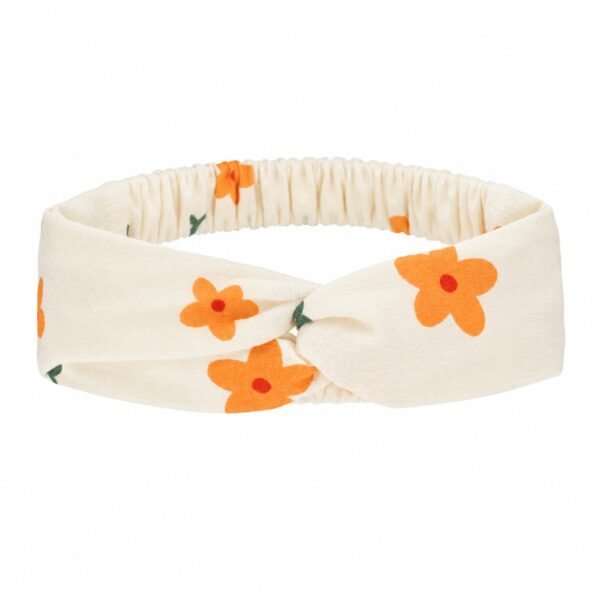 haarband-bloemen-oranje-creme Haarband Twist 5cm – Bloemen Print – Oranje Creme