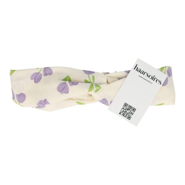 haarband twist creme bloemen_4 Haarband Twist 5cm – Tulp Bloemen Print – Paars Creme