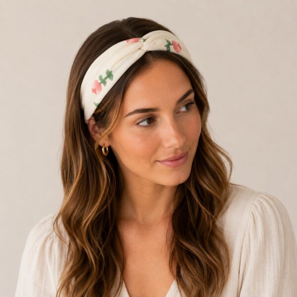 haarband-twist-tulp-bloem-creme-roze-model Haarband Twist 5cm – Tulp Bloemen Print – Paars Creme