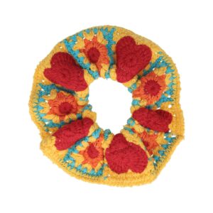 Haarelastiek Scrunchie – Gehaakte Stof – Hart Zon Motief – Rood Geel