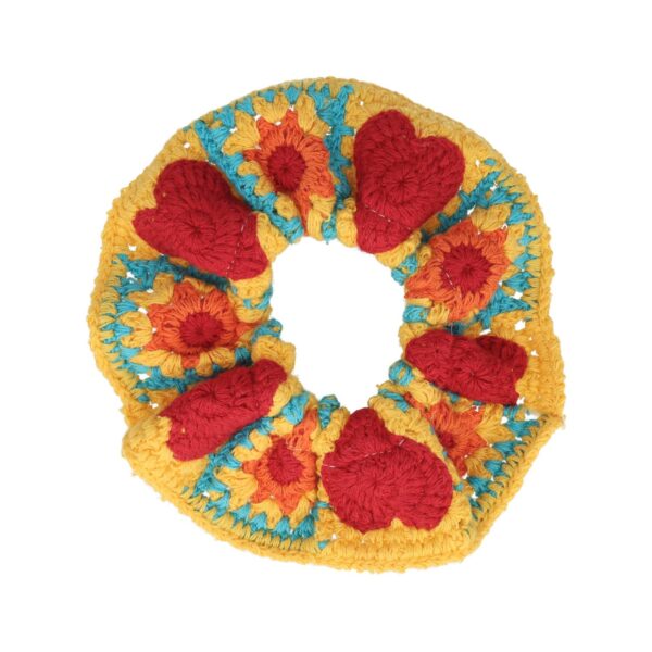 Haarelastiek Scrunchie – Gehaakte Stof – Hart Zon Motief – Rood Geel