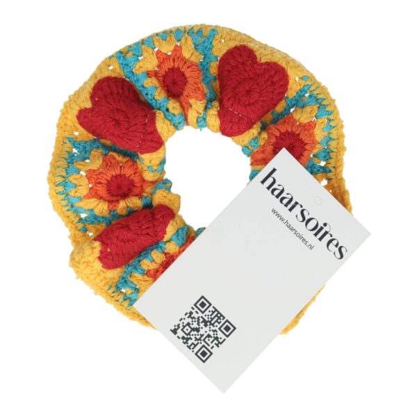 Haarelastiek Scrunchie – Gehaakte Stof – Hart Zon Motief – Rood Geel