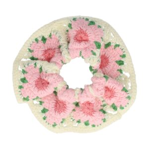 Haarelastiek Scrunchie – Gehaakte Stof – Bloemen Motief – Roze Wit