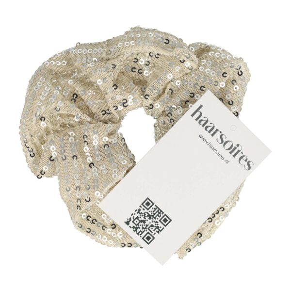 scrunchie glitter pailletjes_6 Haarelastiek Scrunchie – Glitter Stof – Pailletten – Beige Creme