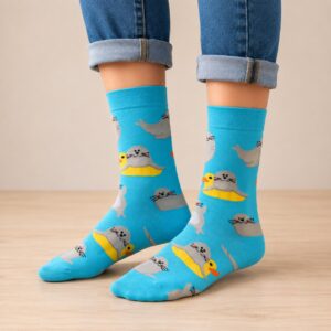 Sokken Katoen - Zeehond Badeend Print - Blauw Grijs Geel - Maat 36-43
