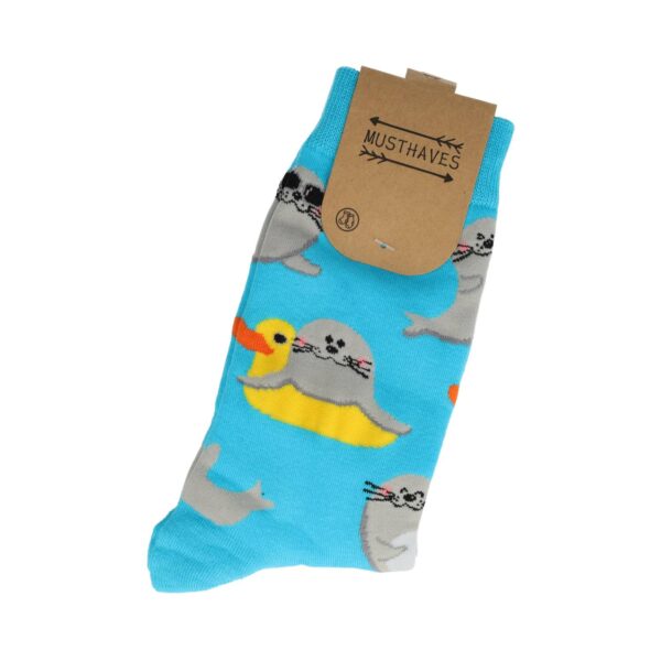 Sokken Katoen - Zeehond Badeend Print - Blauw Grijs Geel - Maat 36-43