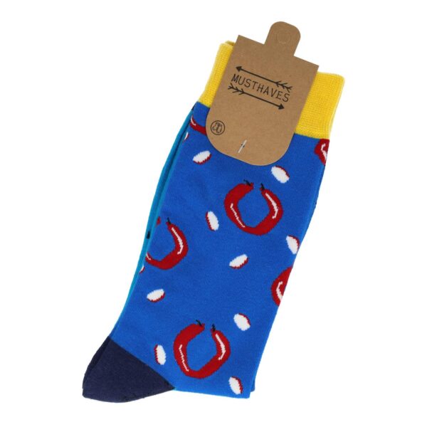 sokken dollar rookworst hamburger_2 Sokken - Rookworst Print - Geel Blauw - Katoen - Maat 38-45