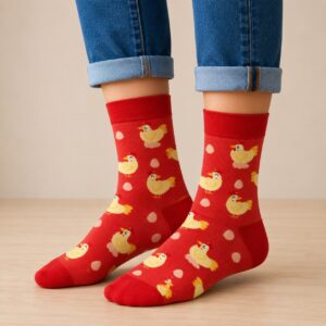 Sokken - Kip Ei Print - Rood Beige Geel - Katoen - Maat 36-43