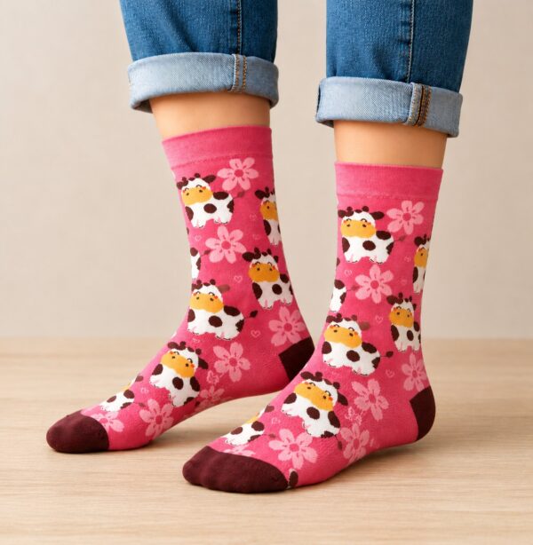 sokken-koeien-roze Sokken Katoen – Koeien Print – Wit Bruin Roze – Maat 36-43
