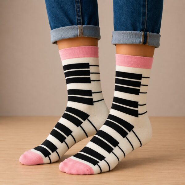 sokken-piano-zwart-wit Sokken - Piano Print - Roze Zwart Wit - Katoen - Maat 36-43