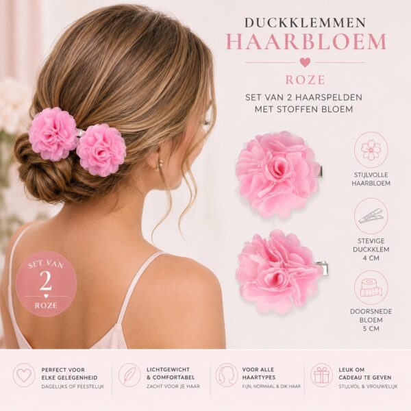 haarbloem-roze-set Haarspeld Duckklem 5cm – Haarbloem - Roze
