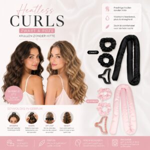 heatless-curls Haarkrullen Set - Heatless Curls - Zwart Roze - 2 Stuks