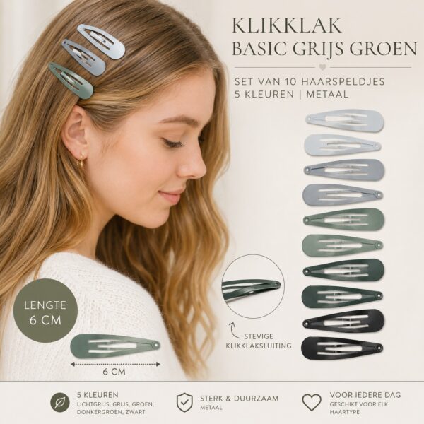 klikklka-groen Haarspeld Klikklak 6cm - Basic - Grijs Groen - Set van 10