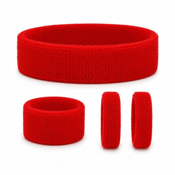 haarband-badstof-polsband-haarelastiek-rood Haarband Sport 5cm - Zweetbandje - Haarelastiek - Rood - Set van 4