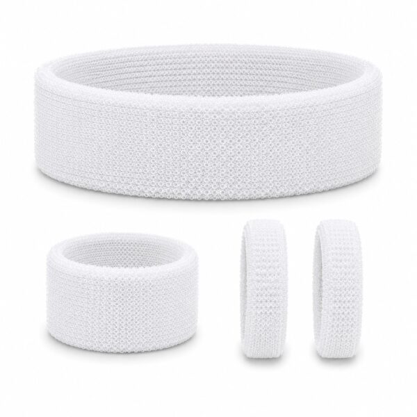 haarband-badstof-polsband-haarelastiek-wit Haarband Sport 5cm - Zweetbandje - Haarelastiek - Wit - Set van 4